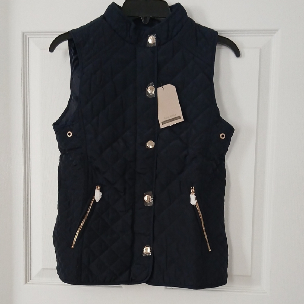 Zara Girls  Dark Blue Quilted Vest with Metallic Accents NWT
